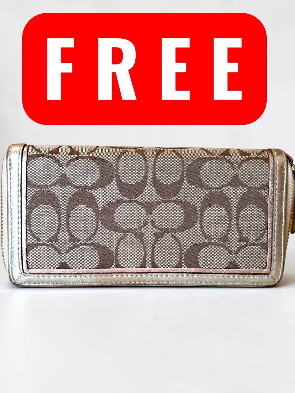 FREE Coach Signature Zip Long Wallet in Brown with Metallic Trim